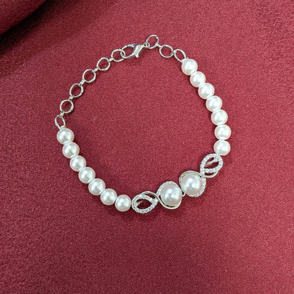 Silver Finish Classic Pearl AD Stone Jewellery Set with Earrings, Bracelet & Ring for Girls & Women