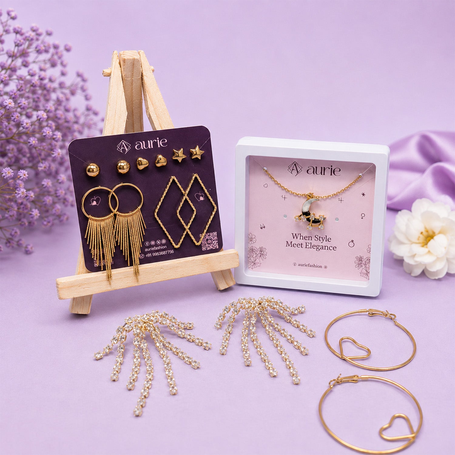 Gold Finish Necklace, Multi-Style Earrings & Heart Hoop Earrings Jewellery Gift Box