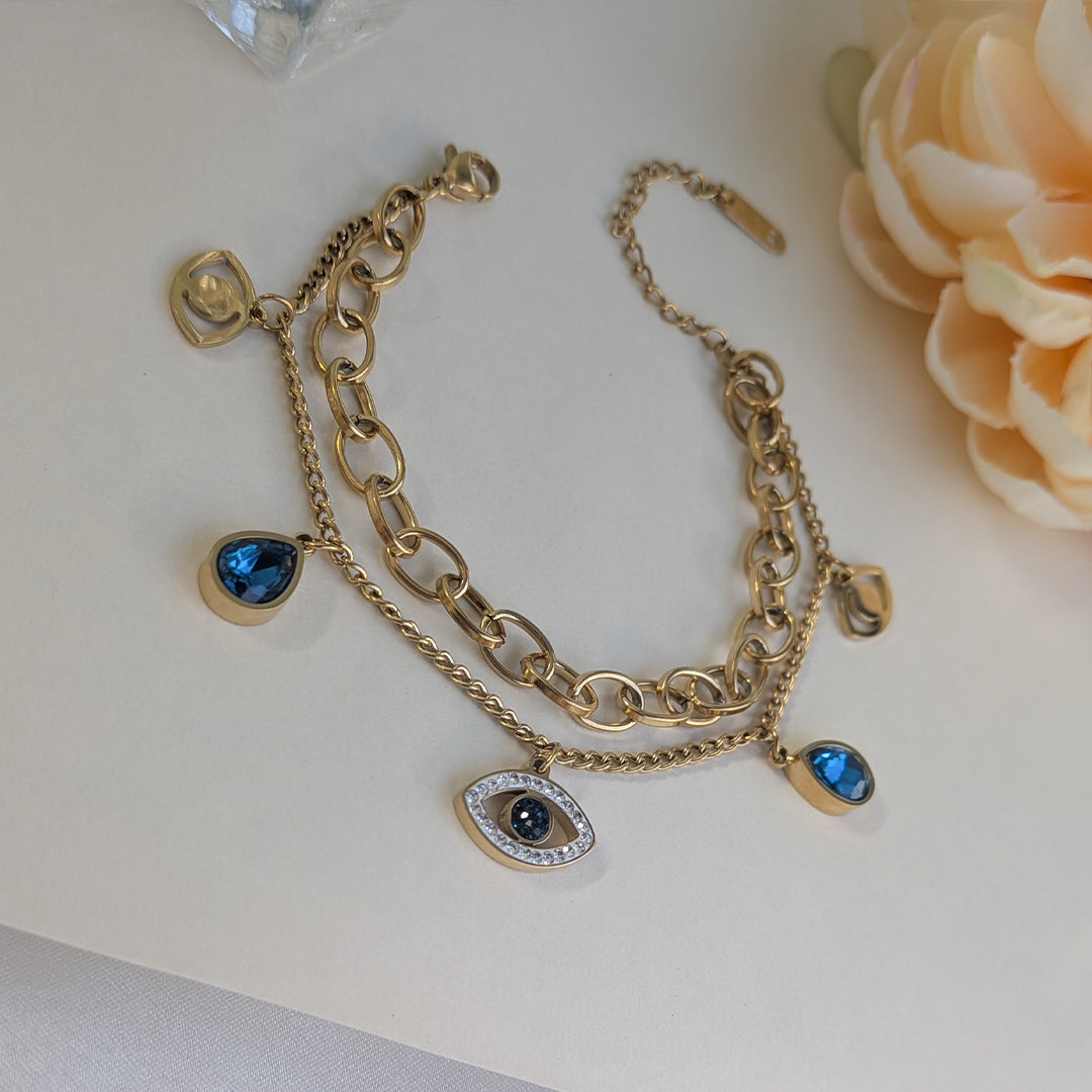 Gold Tone Dual Layer Link & Chain Bracelet with Blue Teardrop and Evil Eye Charms For Girls & Women