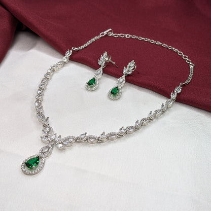 American Diamond Teardrop Green Stone Necklace Set with Matching Earrings