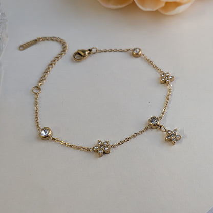 Gold Finish Daisy Charm Bracelet with Sparkling AD Stones For Girls & Women