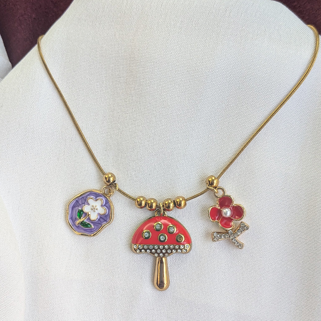 Gold Plated Enamel Mushroom, Floral & Pearl Charm Pendant For Girls & Women
