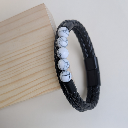 Premium Black Braided Leather Bracelet With Beads For Men