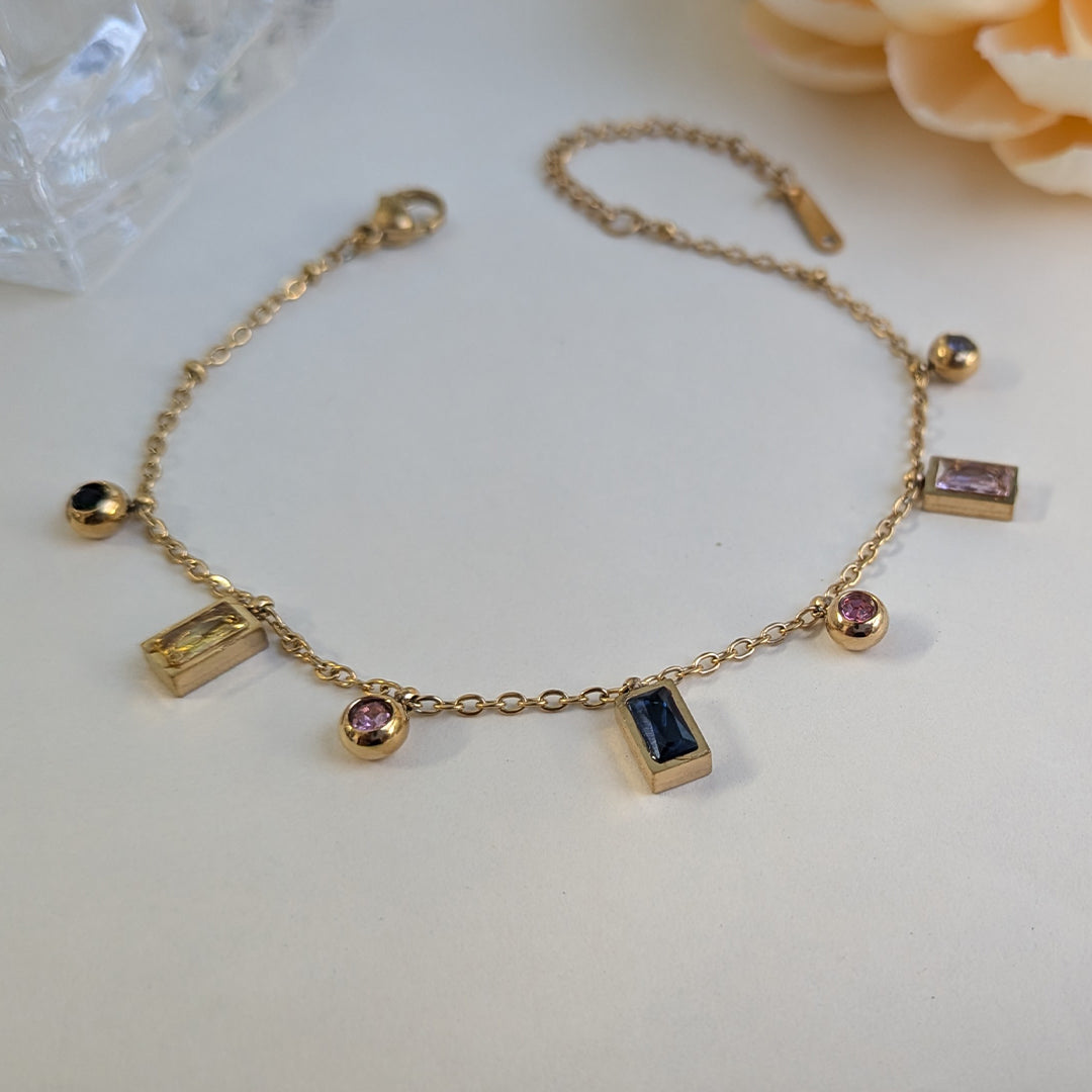 Gold Finish Chain Bracelet With Rectangle & Round Colored Gemstone Accents For Girls & Women