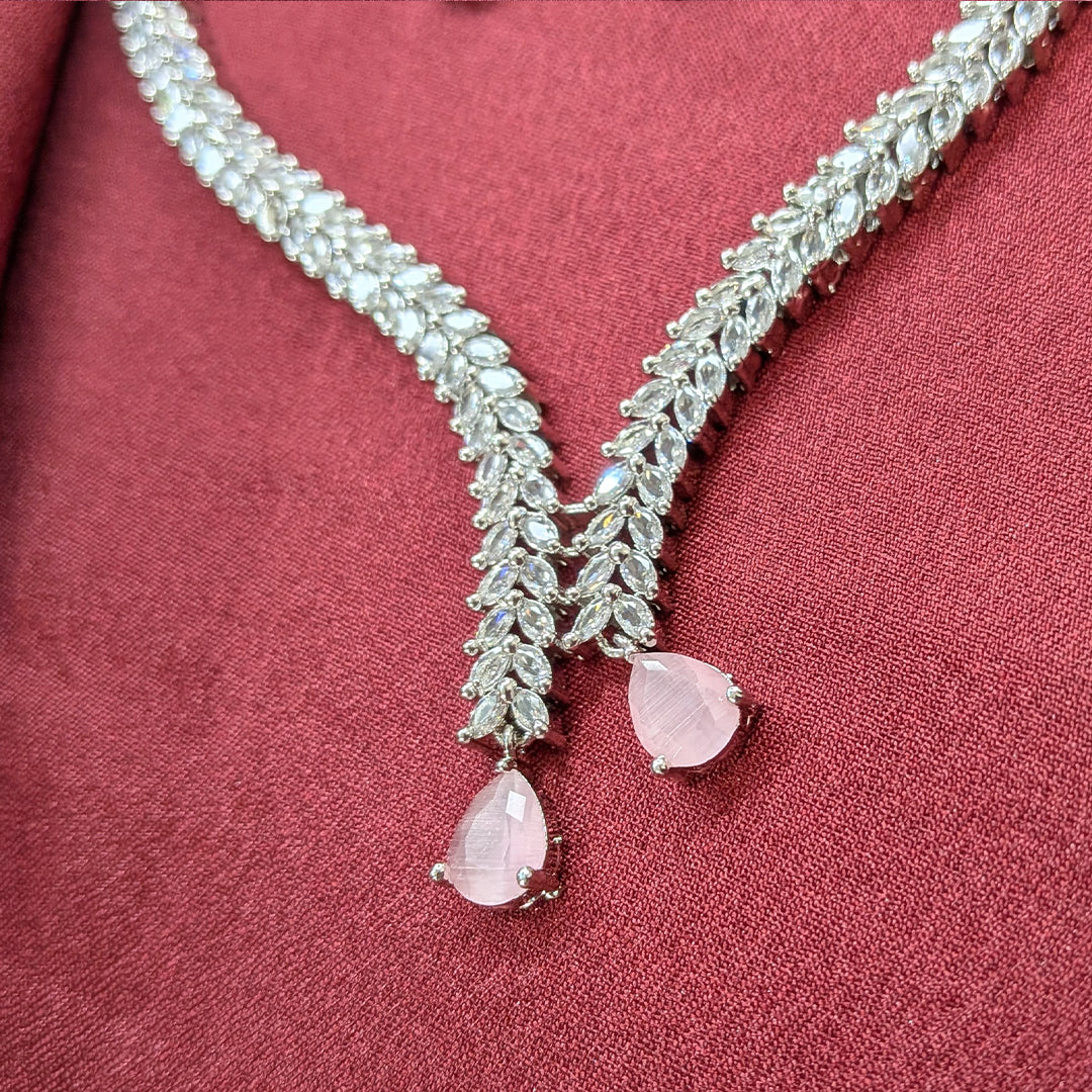 Silver Finish Leaf Design AD Teardrop Stones Necklace Set for Girls & Women