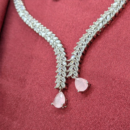 Silver Finish Leaf Design AD Teardrop Stones Necklace Set for Girls & Women