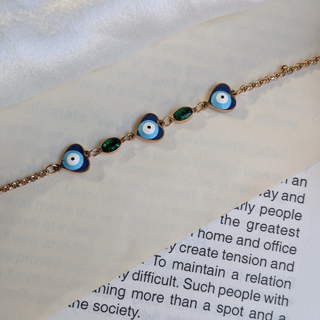 Gold Tone Heart Shaped Evil Eye Bracelet With Green Stone Accent For Girls & Women