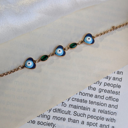 Gold Tone Heart Shaped Evil Eye Bracelet With Green Stone Accent For Girls & Women