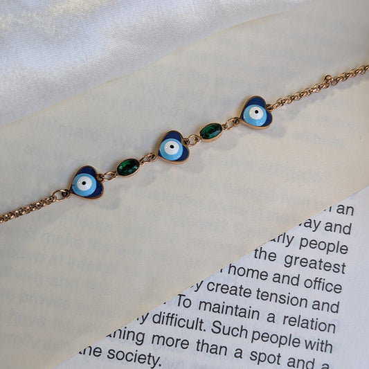 Gold Tone Heart Shaped Evil Eye Bracelet With Green Stone Accent For Girls & Women
