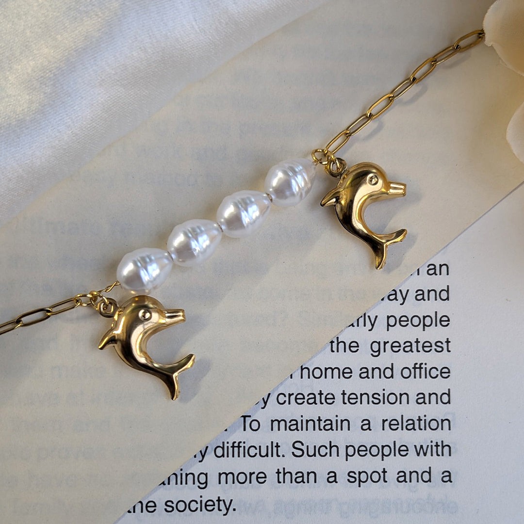 Gold Plated Dolphin & Freshwater Pearl Charm Bracelet for Girls & Women