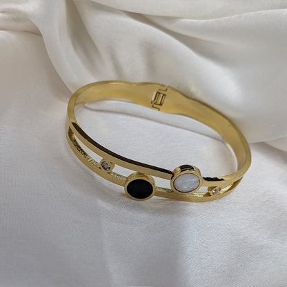 Minimalist Gold Cuff Bracelet with Black & White Enamel Accents For Girls & Women