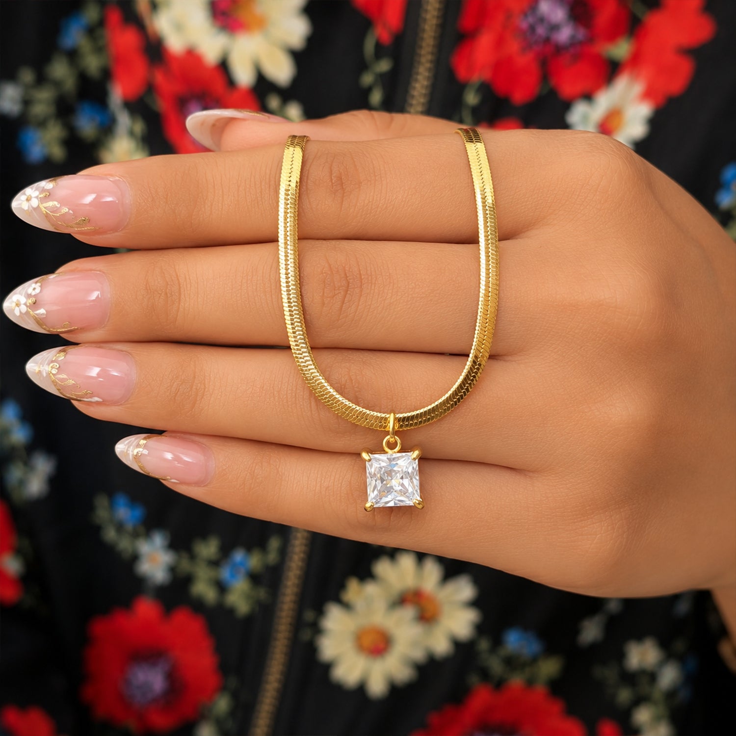 Square Zircon With Snake Chain Pendant For Girls & women