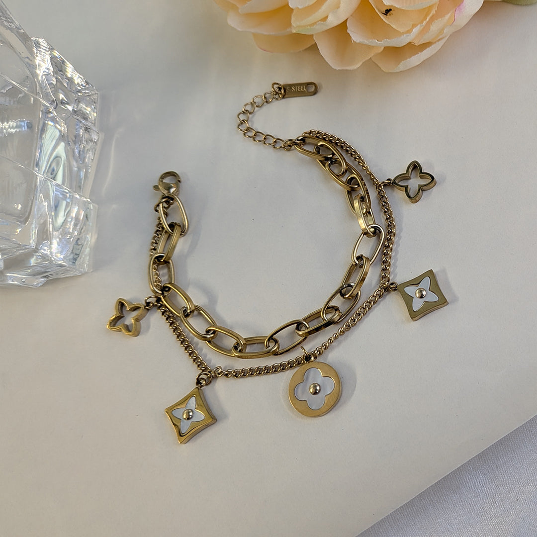 Gold Plated Link & Cable Chain With Enamel Floral Charms For Girls & Women