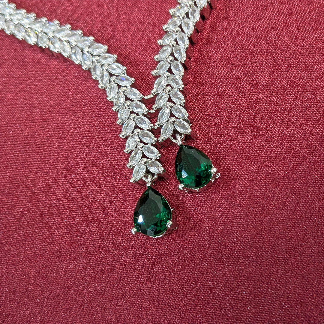 Silver Finish Leaf Design AD Teardrop Stones Necklace Set for Girls & Women