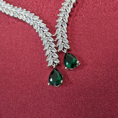 Silver Finish Leaf Design AD Teardrop Stones Necklace Set for Girls & Women
