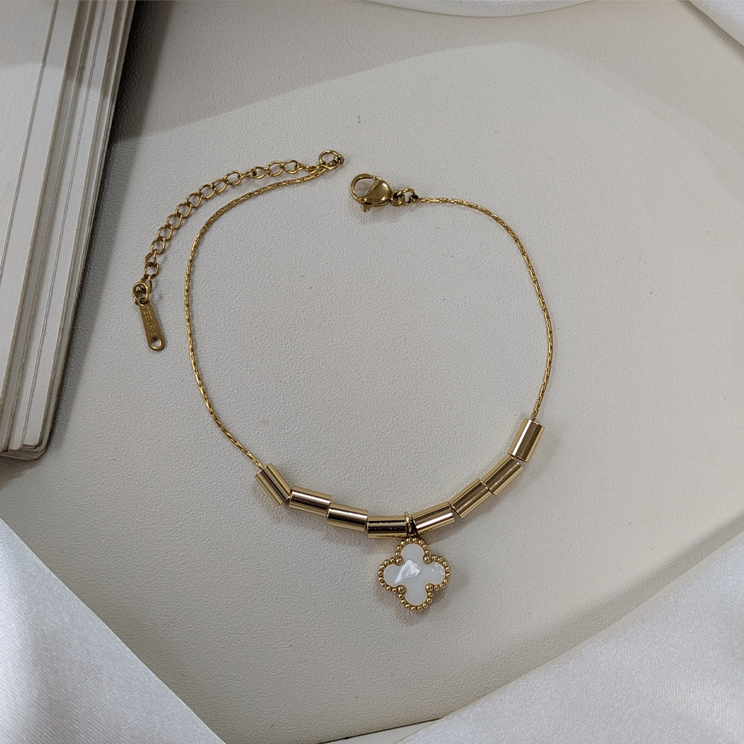 Elegant Gold Tone Tube Bead & Black Floral Brand Inspired Charm Bracelet For Girls & Women (Anti-Tarnish)