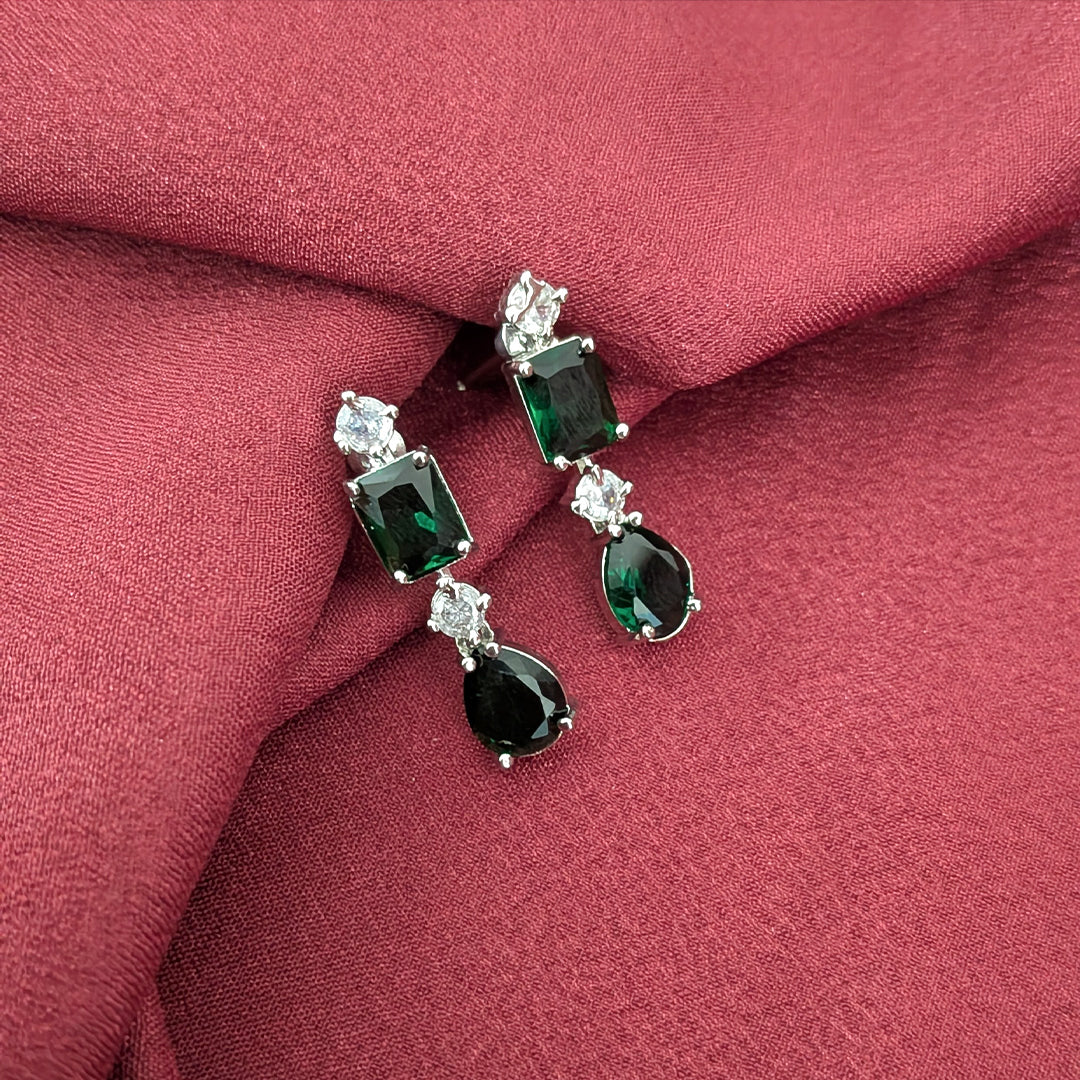 Silver Finish Classic Rectangular & Teardrop Stone Jewellery Set For Women