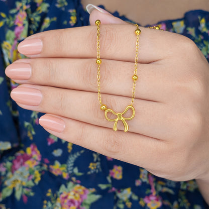 18k Gold Plated Bow Pendant with Beaded Chain for Women & Girls