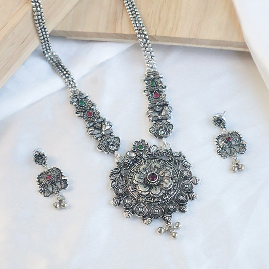 Ethnic Boho Silver-Tone Beaded Necklace and Earring Set