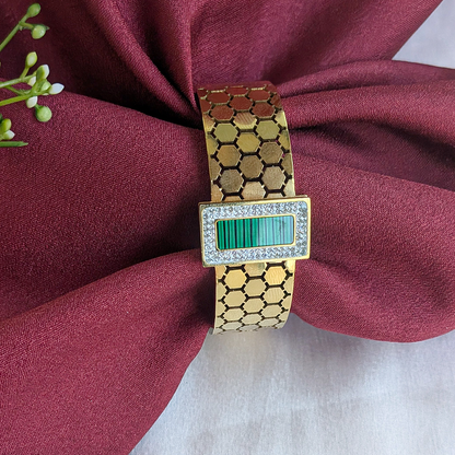 18K Gold Plated Hexa-Cut Cuff Bracelet with Green Enamel Centerpiece (Anti Tarnish)