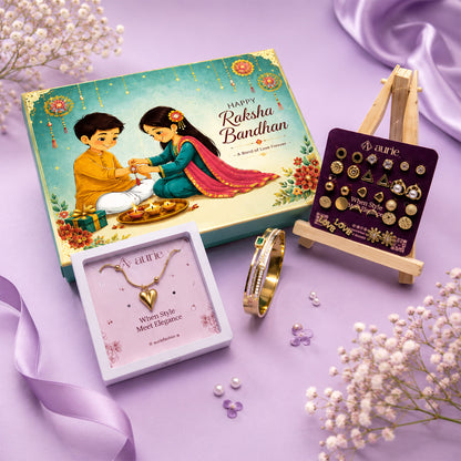 Heart Pendant Necklace, Earrings Set & Stylish Gold Finish Bangle Gift Box