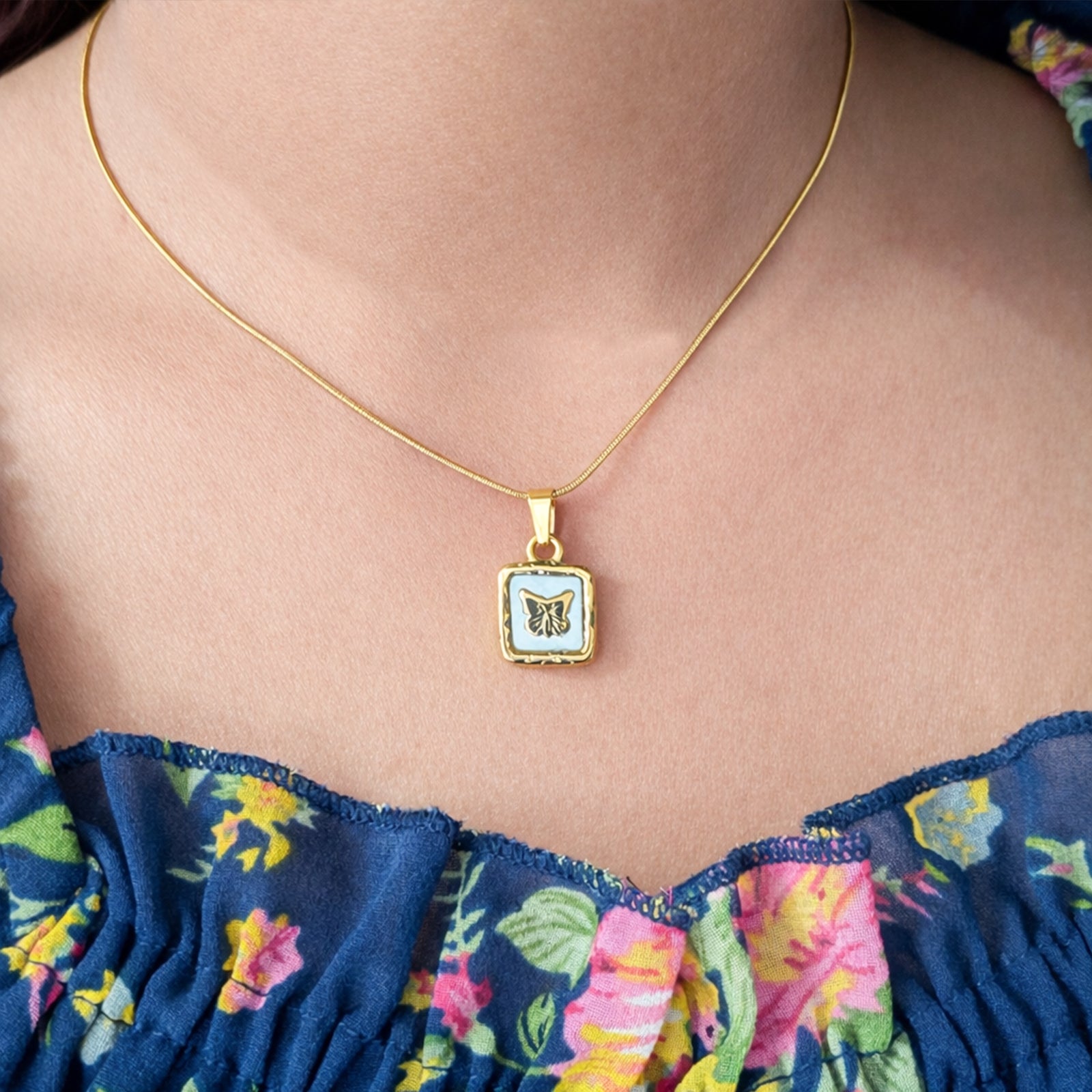 18K Gold Plated Minimal Square Butterfly Charm Pendant for Women & Girls