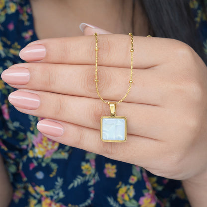 18k Gold Plated Square Charm Pendant with Beaded Chain for Women & Girls