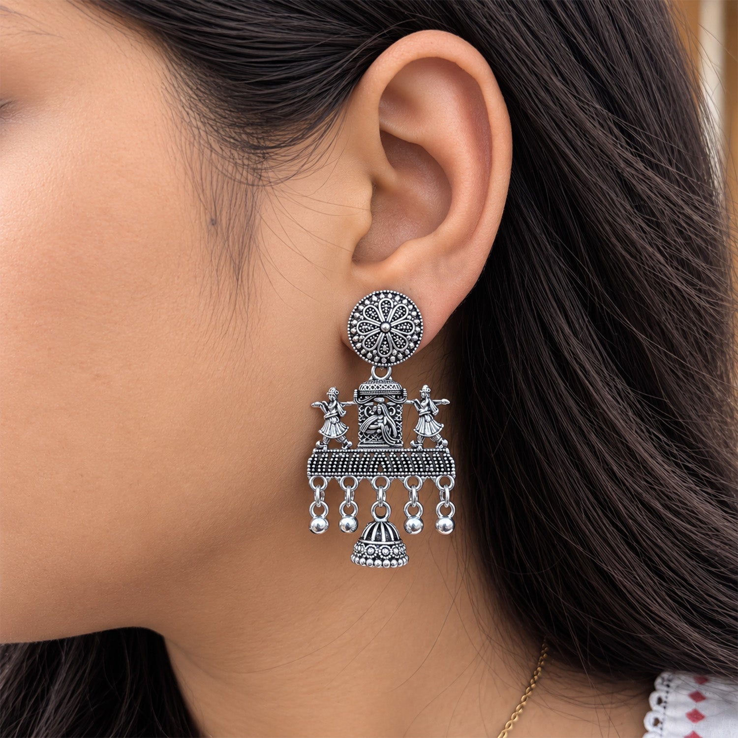 Oxidized Silver Dancing Idol Floral Jhumka Earrings for Women