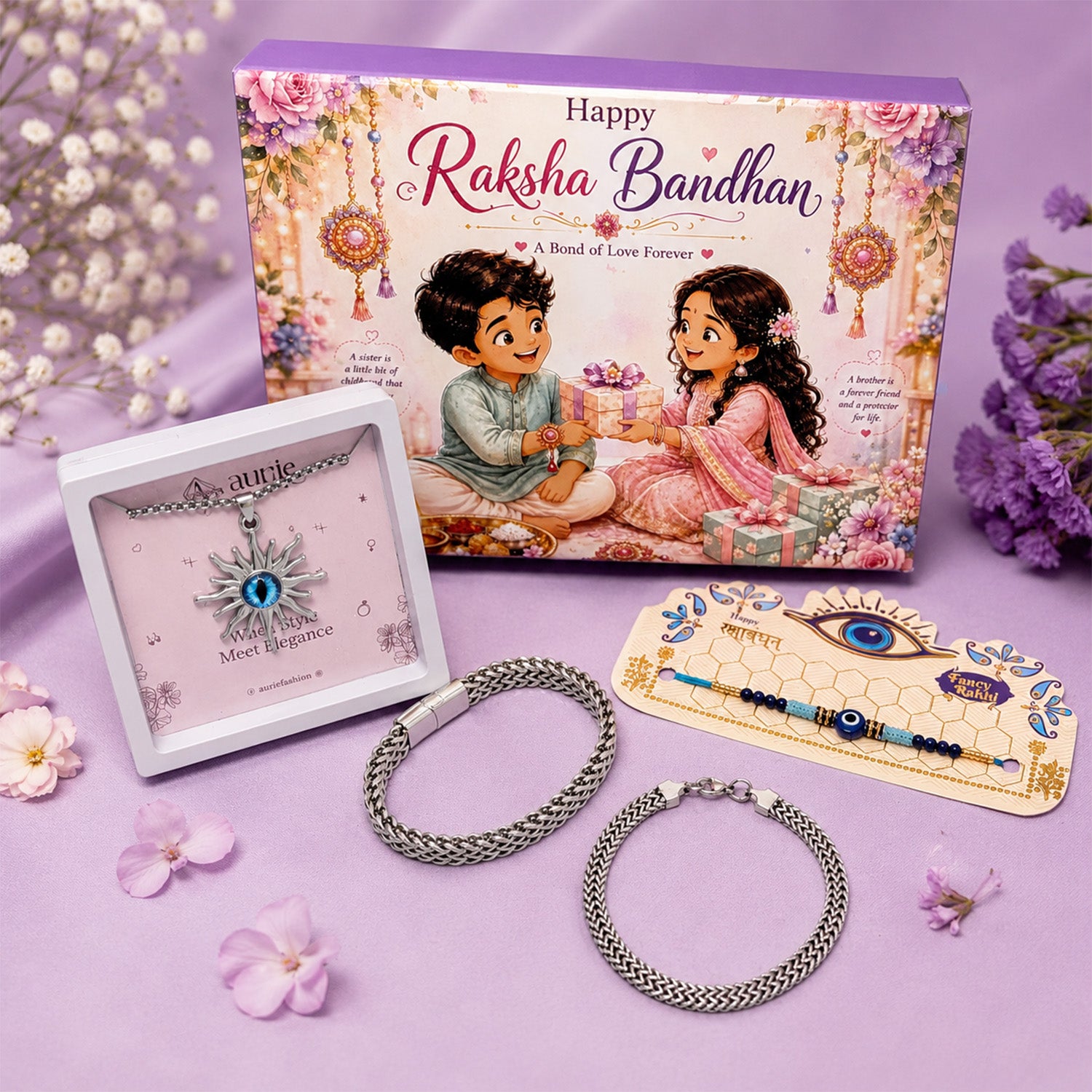 Rakhi with Stylish Pendant Necklace & 2 Trendy Bracelets Gift Box