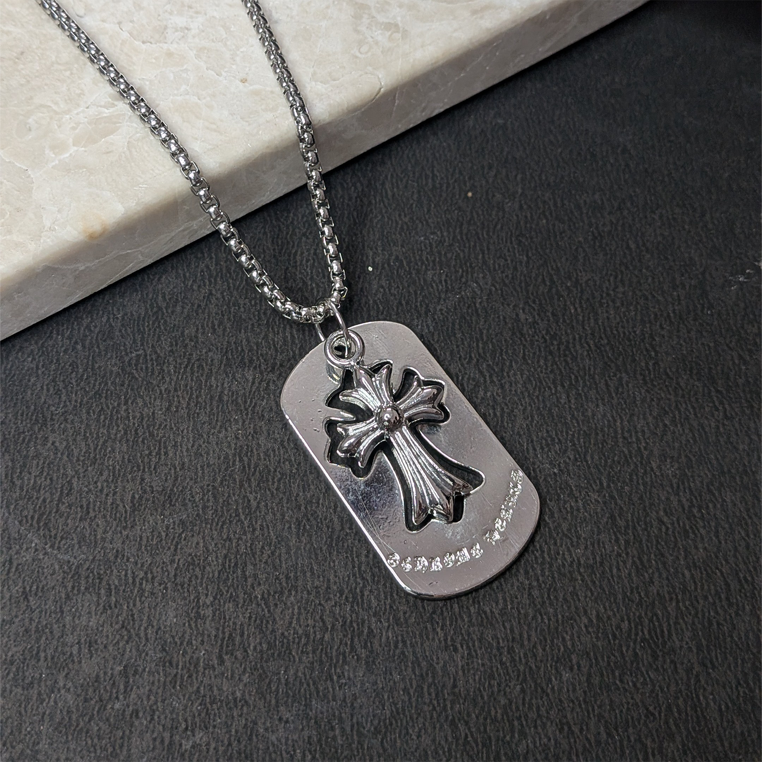 Chrome Cross Dog Tag Brass Pendant With Stainless Steel Chain For Men & Boys