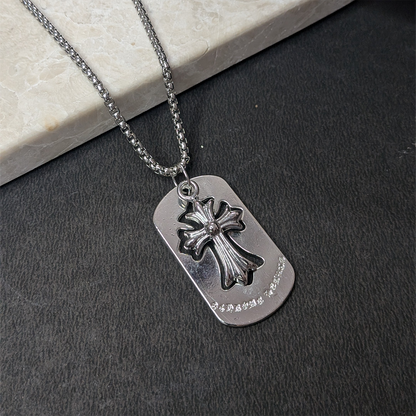 Chrome Cross Dog Tag Brass Pendant With Stainless Steel Chain For Men & Boys
