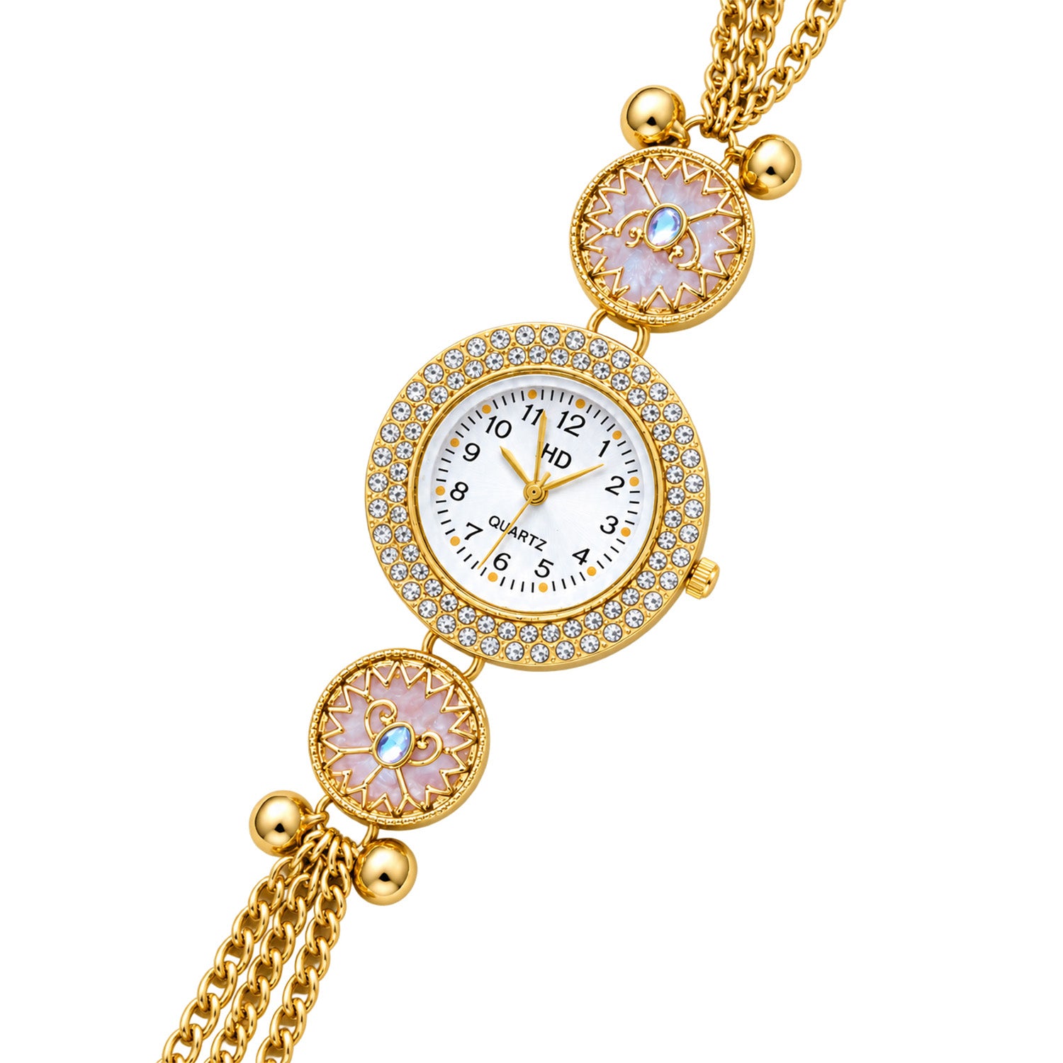 Gold Tone Crystal Dial Kashmiri Watch with Floral Pearl Charms