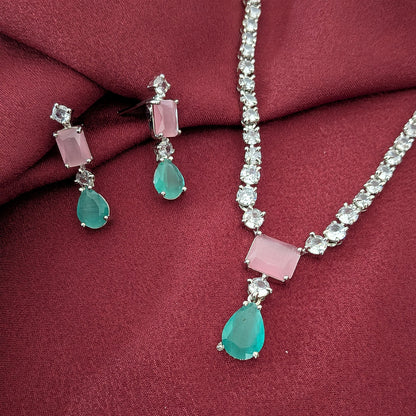 Silver Finish Classic Rectangular & Teardrop Stone Jewellery Set For Women