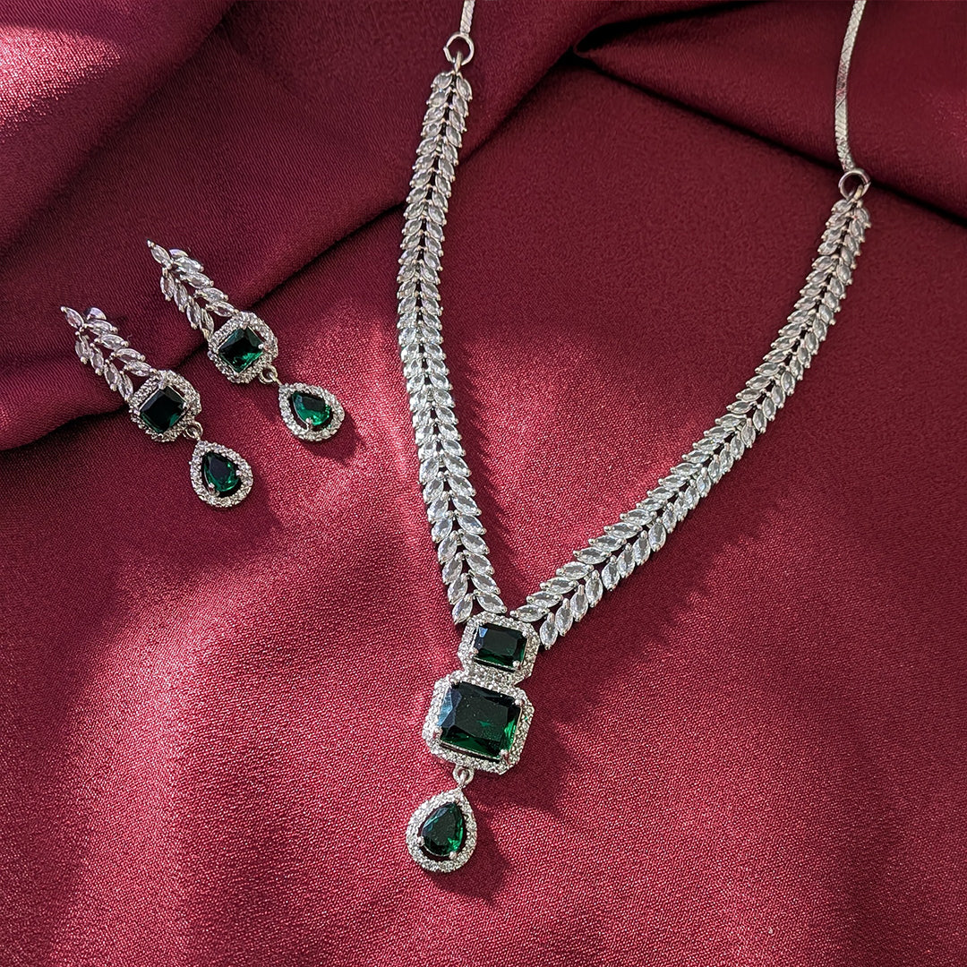 AD Luxe Square & Teardrop Gemstone Necklace With Matching Earrings For Women