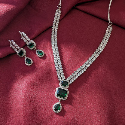 AD Luxe Square & Teardrop Gemstone Necklace With Matching Earrings For Women