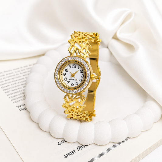 Traditional Criss Cross Design AD Studded Band Bracelet Watch For Girls & Women