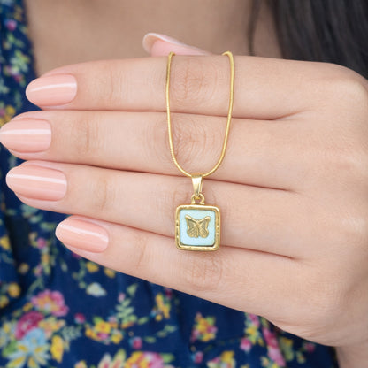 18K Gold Plated Minimal Square Butterfly Charm Pendant for Women & Girls