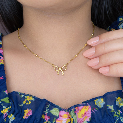 18k Gold Plated Bow Pendant with Beaded Chain for Women & Girls