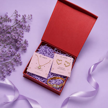 Gold Finish Heart Necklace, Heart Design Bracelet & Hoop Earrings Jewellery Gift Box