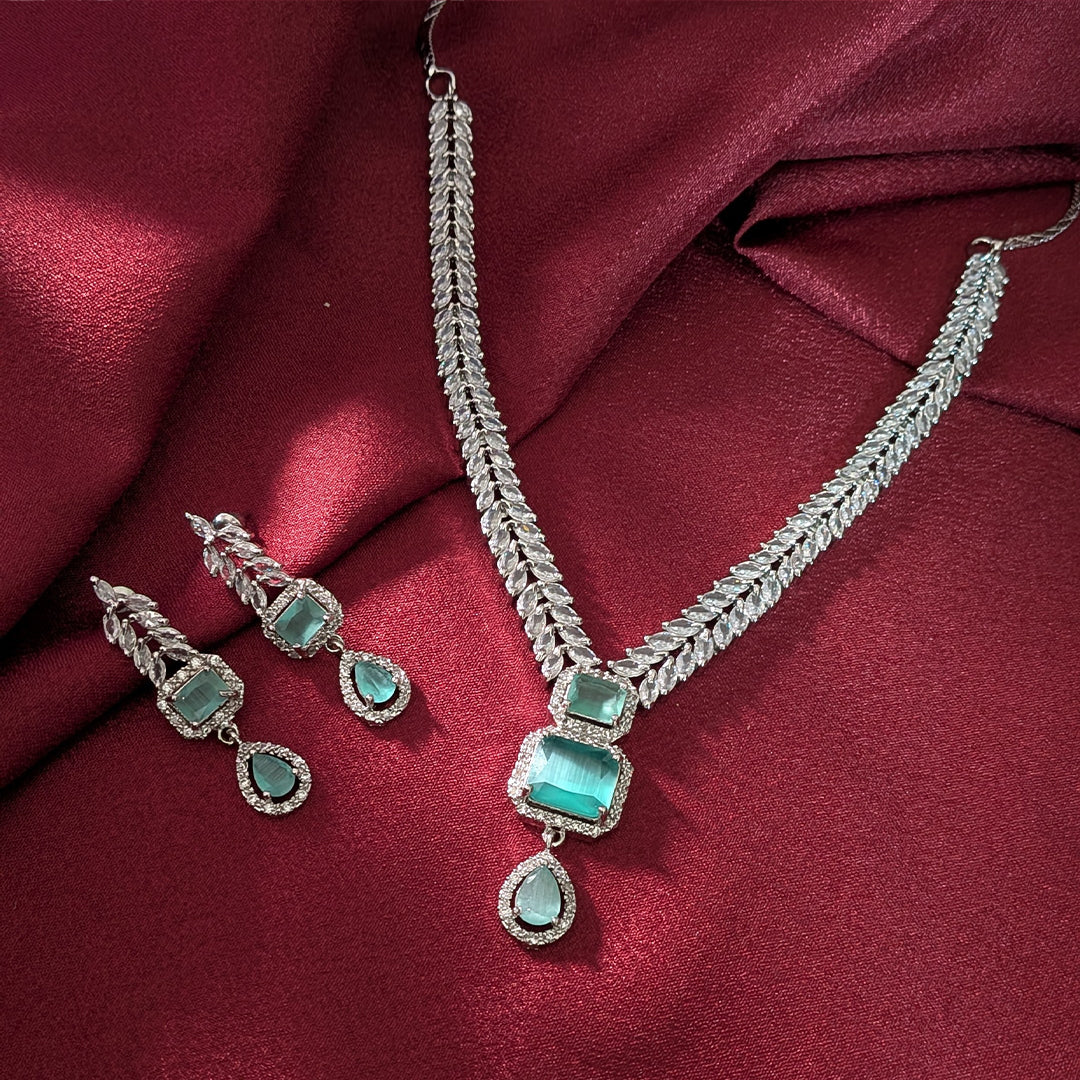 AD Luxe Square & Teardrop Gemstone Necklace With Matching Earrings For Women