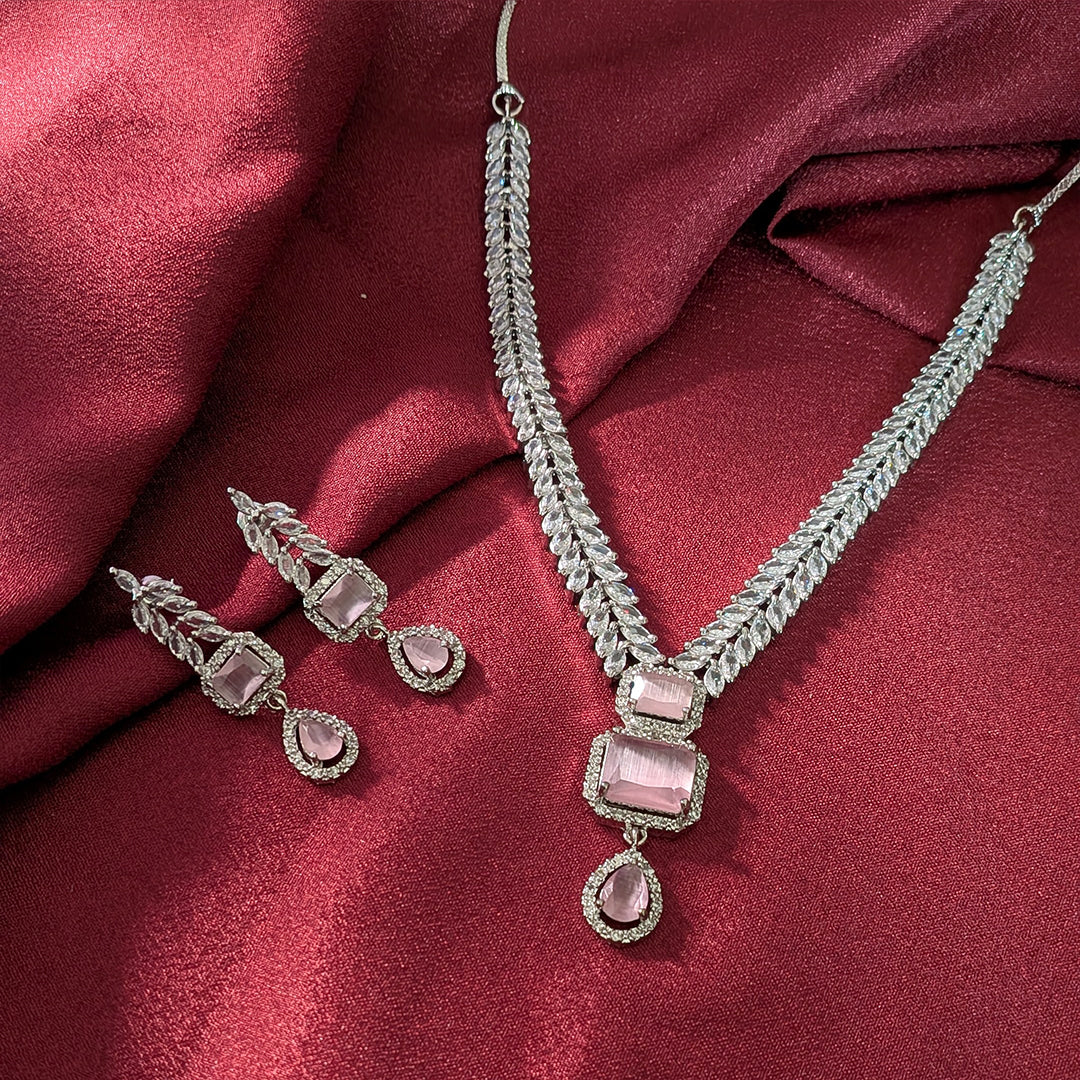AD Luxe Square & Teardrop Gemstone Necklace With Matching Earrings For Women