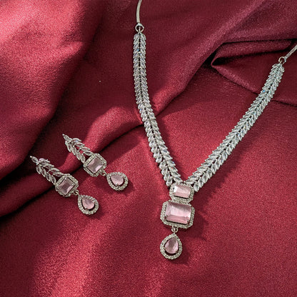 AD Luxe Square & Teardrop Gemstone Necklace With Matching Earrings For Women