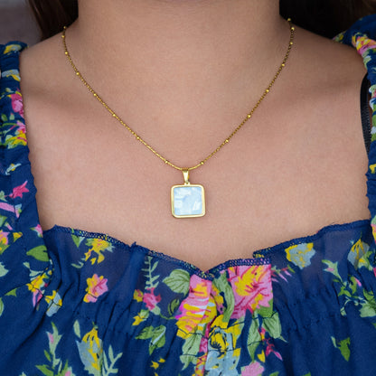 18k Gold Plated Square Charm Pendant with Beaded Chain for Women & Girls