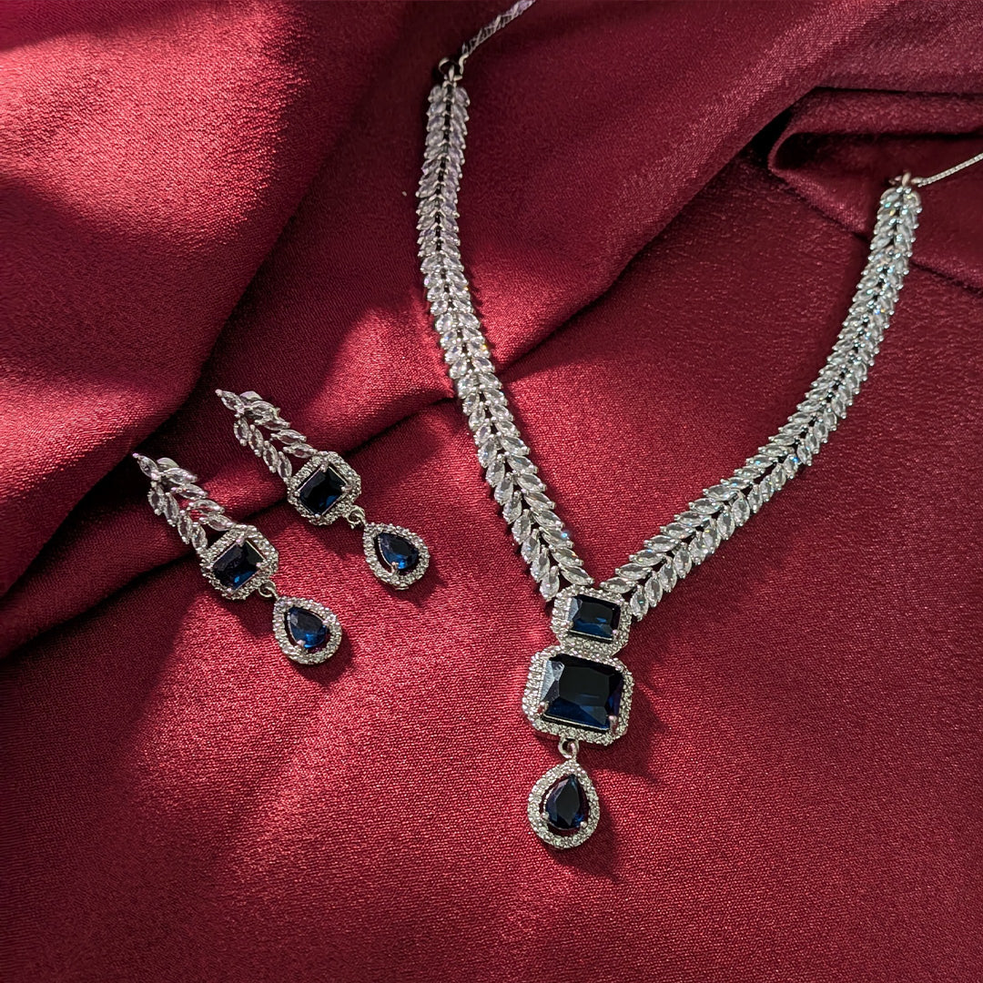 AD Luxe Square & Teardrop Gemstone Necklace With Matching Earrings For Women