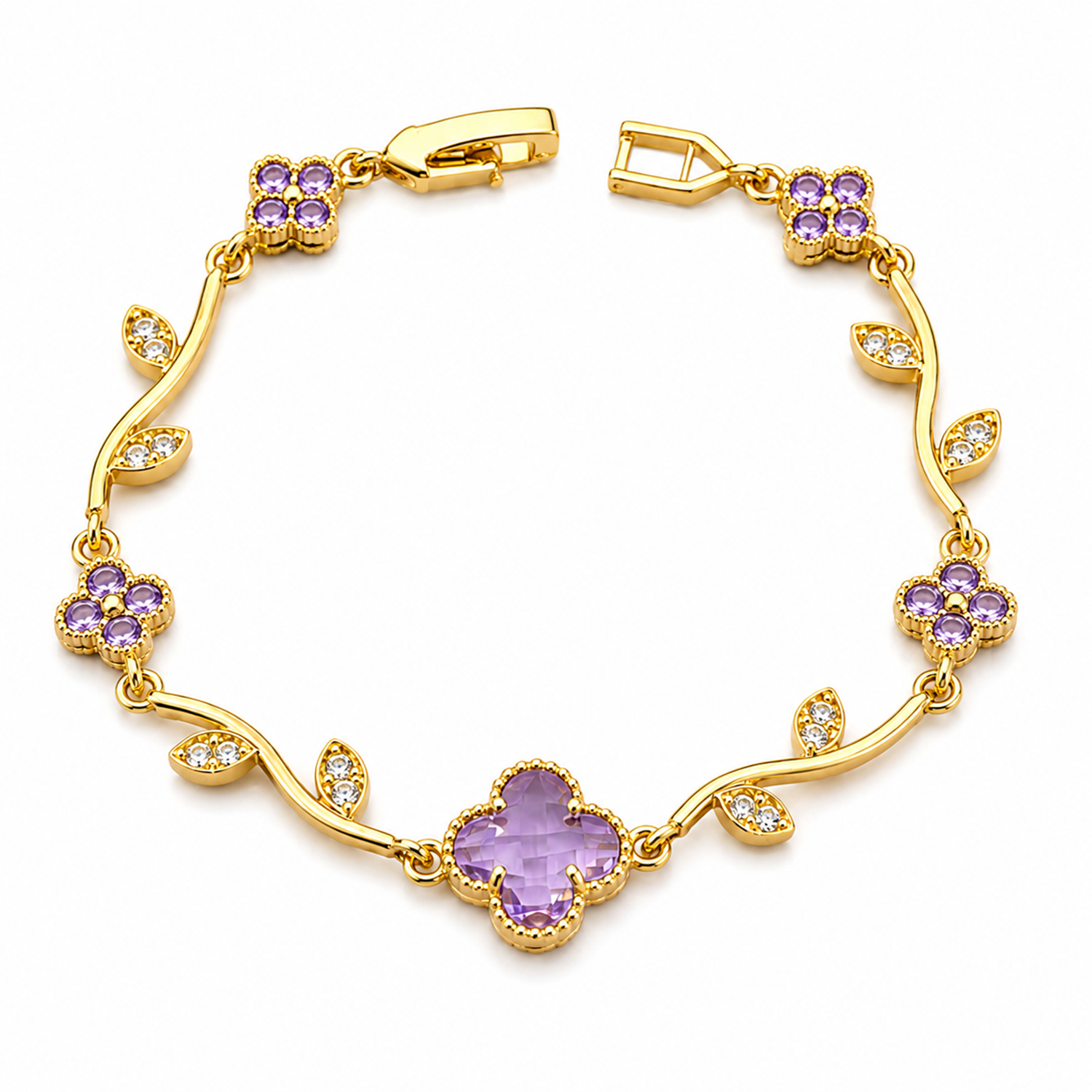 Elegant Gold Tone Floral Bracelet with CZ Stone for Women
