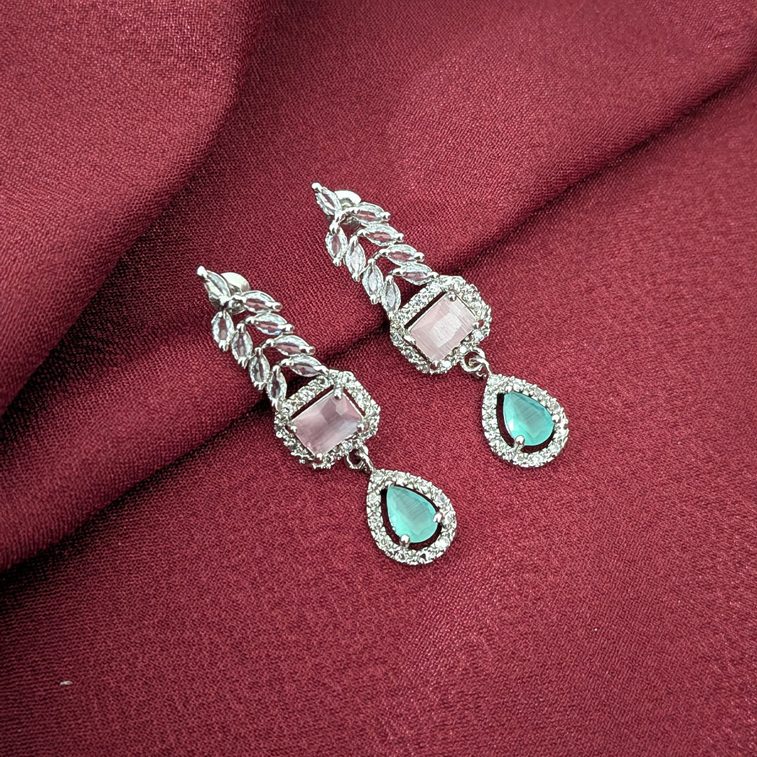 AD Luxe Square & Teardrop Gemstone Necklace With Matching Earrings For Women