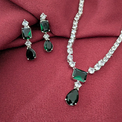 Silver Finish Classic Rectangular & Teardrop Stone Jewellery Set For Women