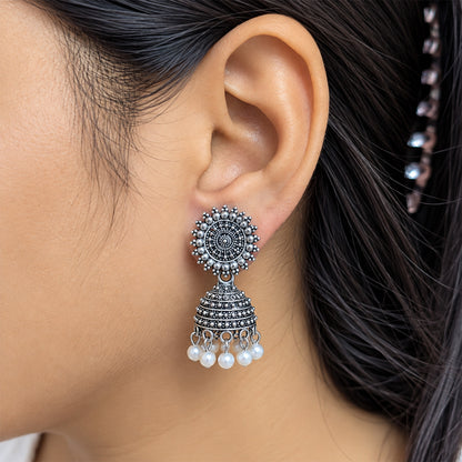 Oxidized Sunburst Pearl Earrings for Girls & Women's