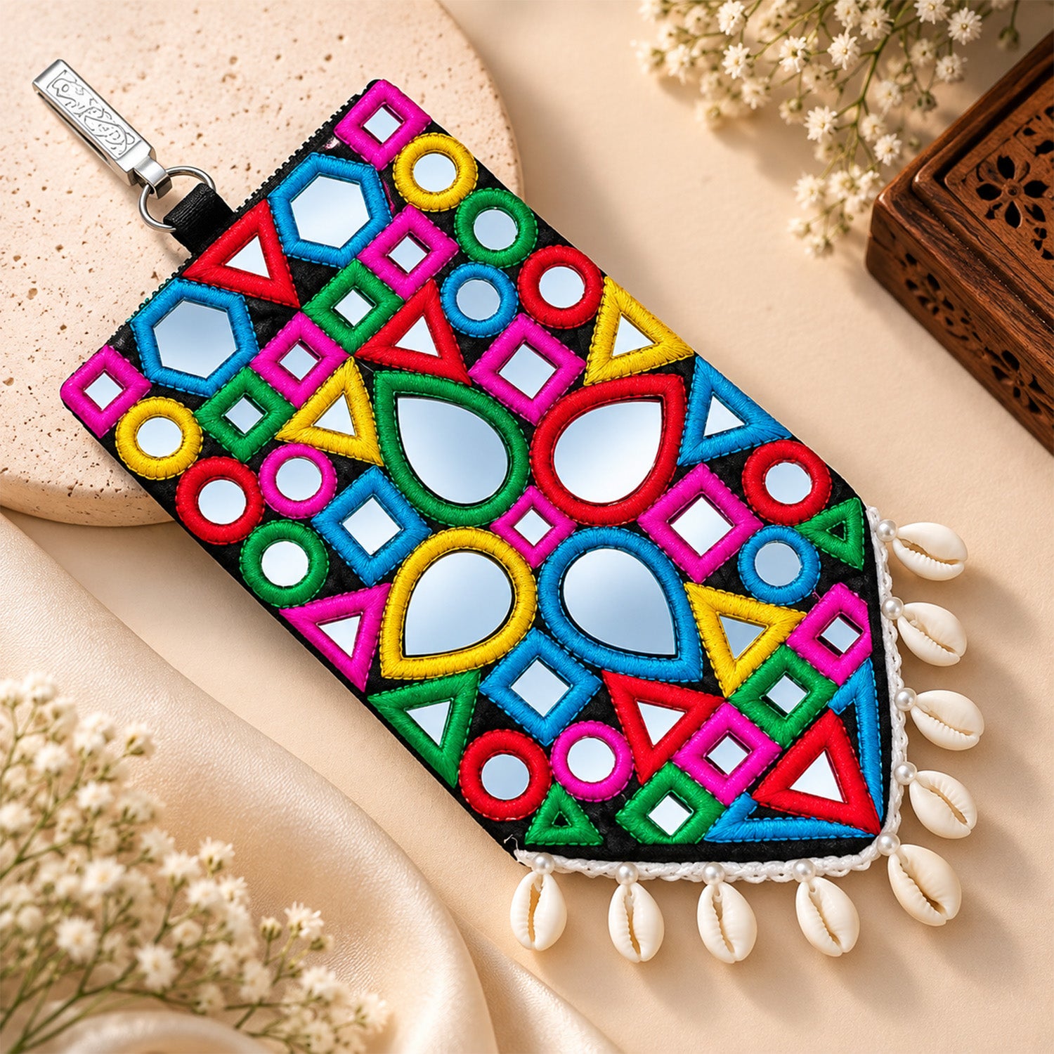 Vibrant Gamthi Mirror Work Embroidery Bag Pouch