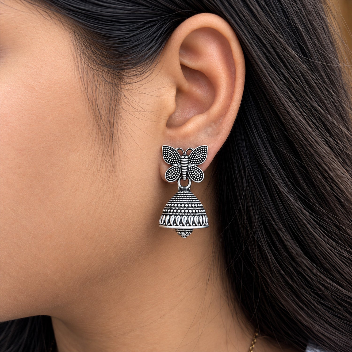 Oxidized Silver Butterfly Jhumka Earrings for Women & Girls